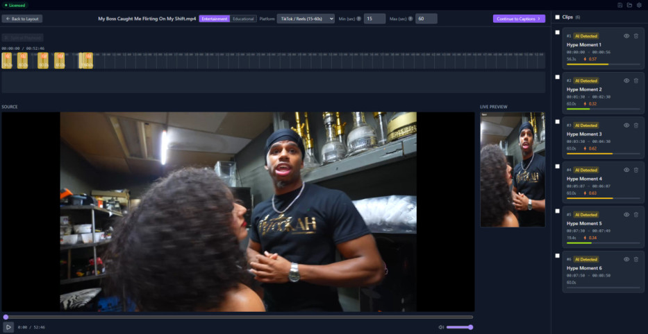 VODJet detecting highlight moments across a long Twitch VOD timeline