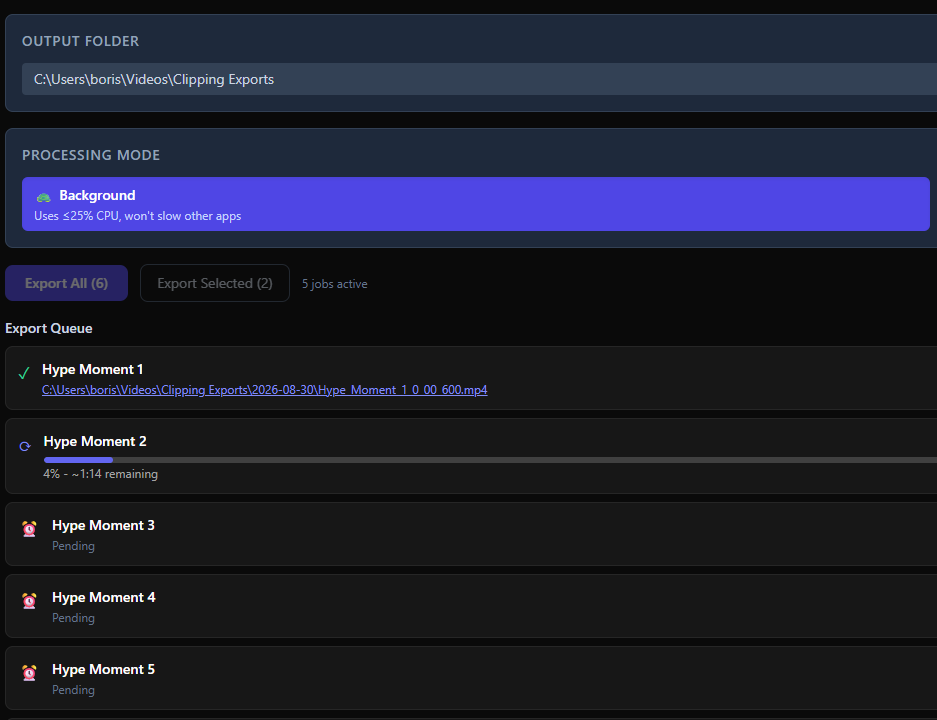 VODJet export queue with finished vertical clips and timestamped filenames ready to post