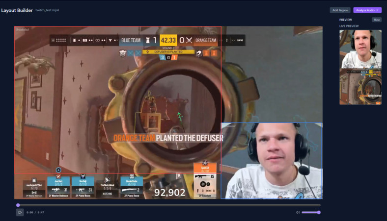 VODJet layout builder with facecam and gameplay regions boxed and a vertical live preview