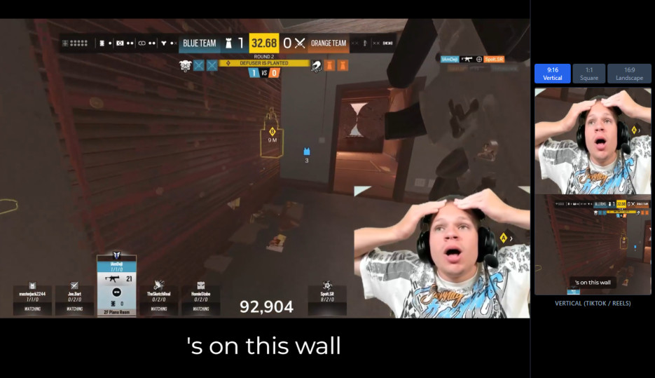 Vertical gaming clip with burned-in auto captions ready for TikTok and Shorts