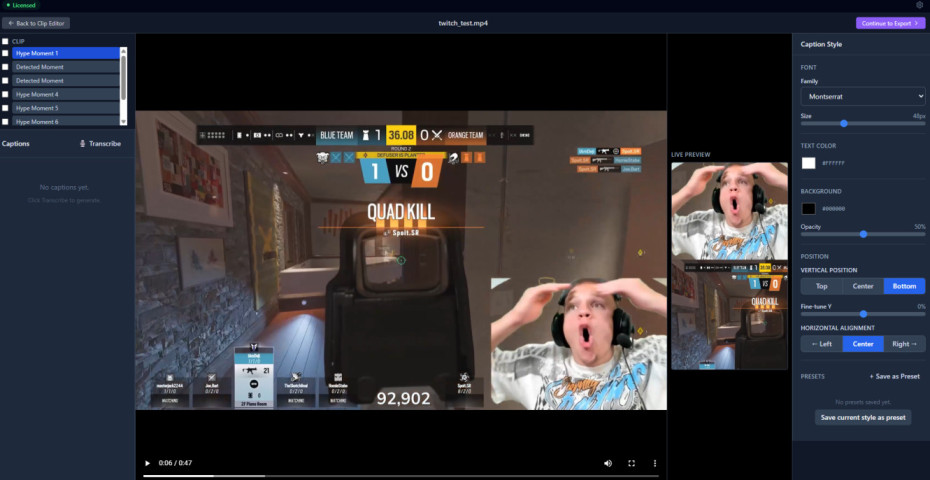 VodJet AI video editor interface displaying auto-detected gaming hype moments and custom vertical caption styling for Twitch stream clips