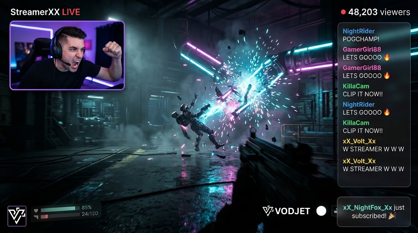 VODJet desktop app — AI Twitch clipper dashboard showing clip timeline and vertical layout builder