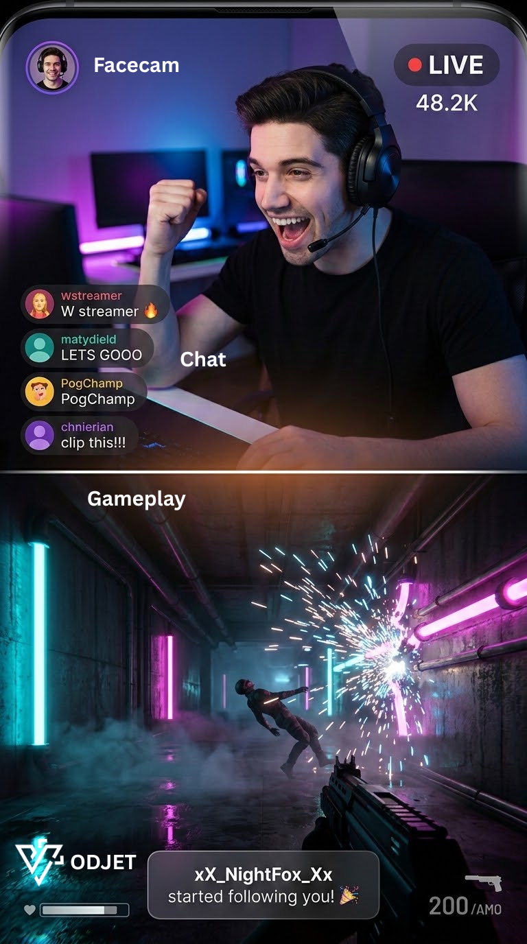 VODJet vertical 9:16 clip preview showing facecam stacked above gameplay